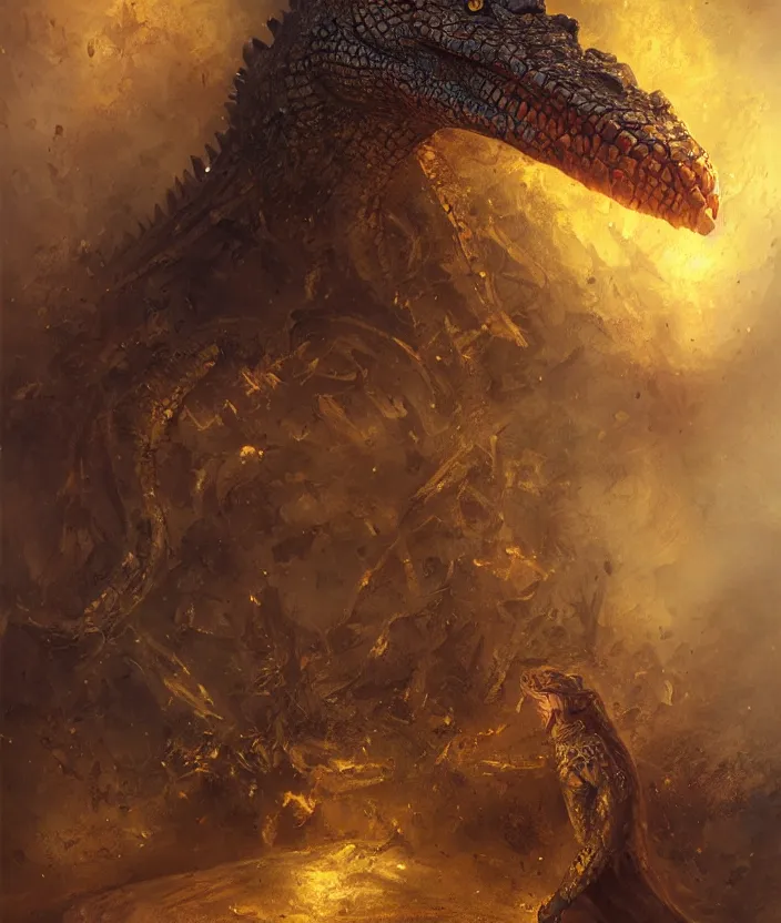 Prompt: egyptian crocodile in a golden armor, mysterious, fantasy artwork, godrays, warm colors, by seb mckinnon