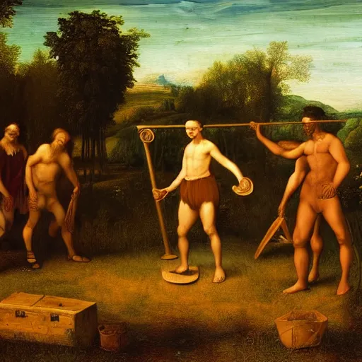 Prompt: dumb country boy playing horseshoes, biopunk, leonardo da vinci painting, high resolution,