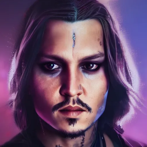 Image similar to young johnny depp portrait, Cyberpunk 2077, photorealistic, ultra detailed, cybernetic head, neon, octane, bokeh, cyber, cyber style, feature, scars, cyberface, 8k