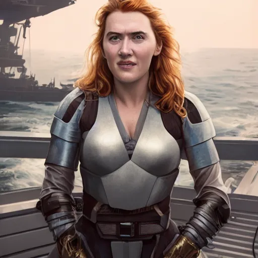 Prompt: a heroic portrait of young teenage redhead smiling Kate Winslet mechanic with one prosthetic metallic gauntlet standing on a ship deck by Greg Rutkowski, ultra realistic, by Sung Choi, photorealistic 8k, cinematic lighting, HD, high detail, atmospheric, trending on artstation, high detailed face