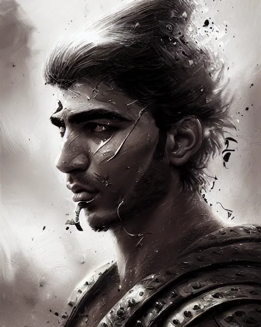 Prompt: portrait of a Persian Prince fighting at war, warrior, brutal battle, handsome prince, shaved face, without beard, attractive young man, shaved face, heroic pose, dramatic lighting, dark and horror, action and tragedy, dust and blood, intricate, wild, highly detailed, digital painting, artstation, concept art, smooth, sharp focus, illustration, art by artgerm and greg rutkowski and alphonse mucha, footage from space camera