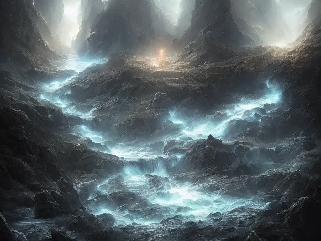 Prompt: a hyperdetailed landscape painting photography 3 d matte painting of a light flow stream of energy comes out of the soul apocalypse by art by greg rutkowski artgerm