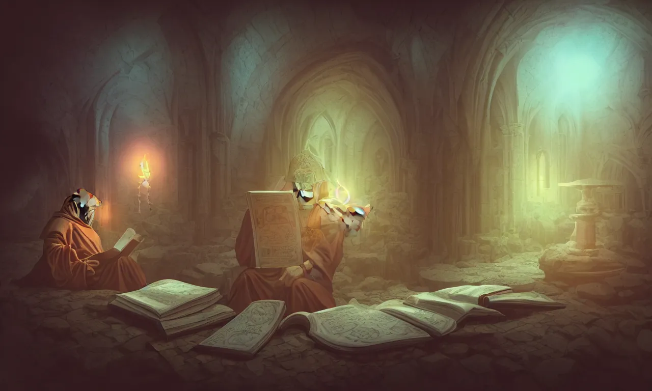 Image similar to monastery, kerberos realm, service ticket close up, wizard reading a directory, nordic pastel colors, abandoned railroad, 3 d art, digital illustration, perfect lighting