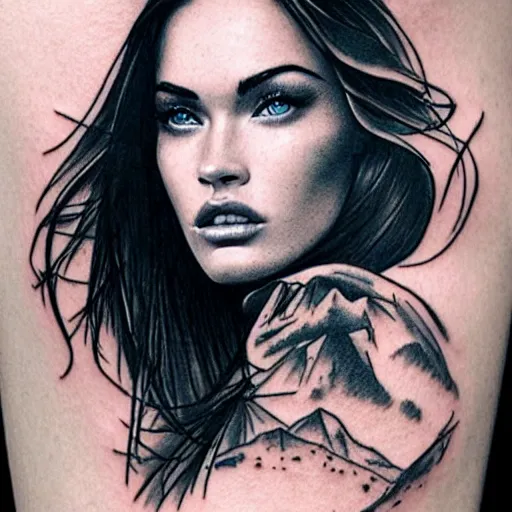 Image similar to realism tattoo sketch of double exposure megan fox with beautiful mountain scenery, in the style of andrey lukovnikov