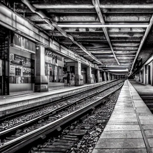 Image similar to abandoned london underground station, platform, haunting, beautiful, photorealistic, extreme detail, sharp focus, 4 k, award winning,