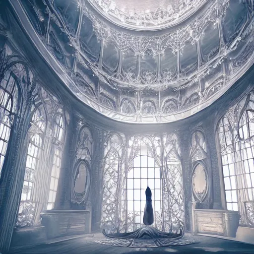 Prompt: white gothic intricate cage with white peacock, matte painting, cinematic, epic composition, detailed, atmospheric, wide angle, artstation trending