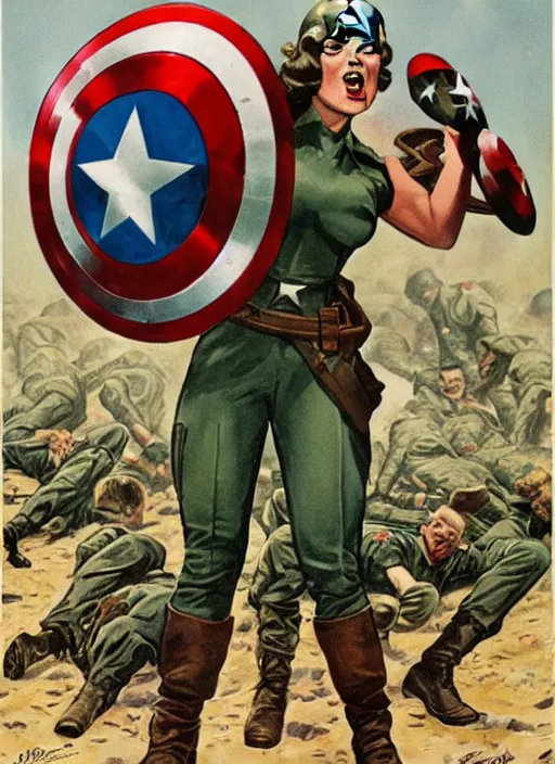 Image similar to beautiful female captain america standing on a pile of defeated german soldiers. feminist captain america wins wwii. american wwii propaganda poster by james gurney