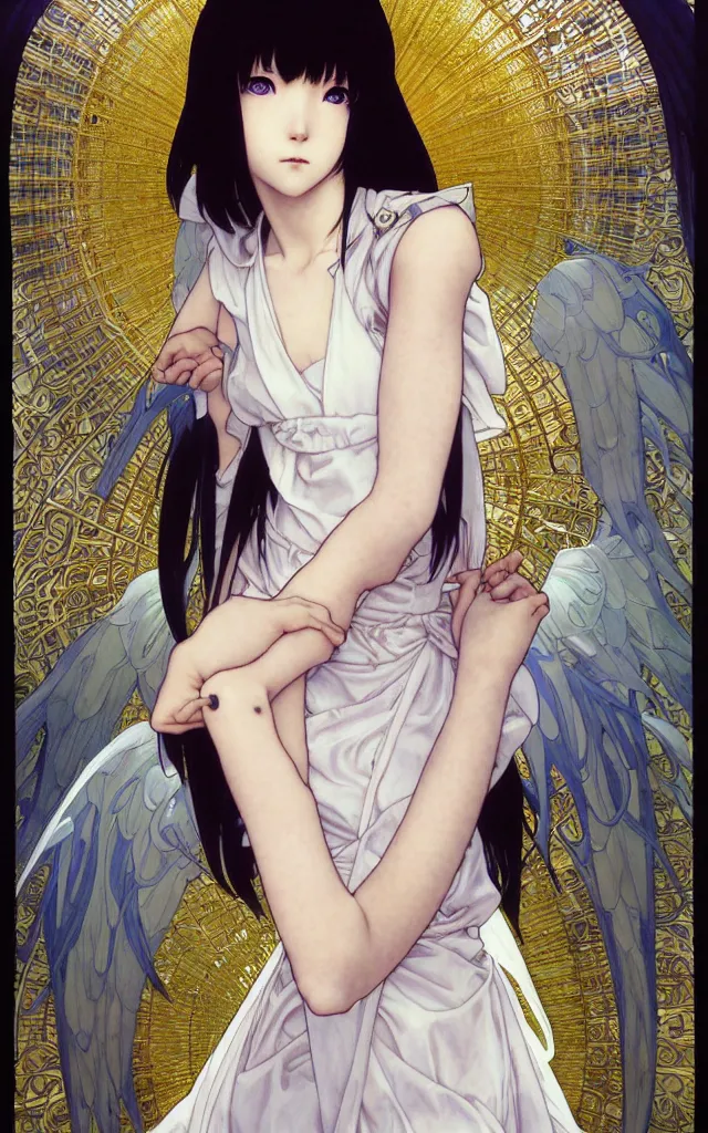 Prompt: lain iwakura, rei ayanami, female anime character, realistic detailed painting of a 1 6 - year old girl who resembles millie bobby brown, as an angel with a golden halo wearing intricate, detailed art nouveau armor and silk, by alphonse mucha, ayami kojima amano, charlie bowater, karol bak, greg hildebrandt