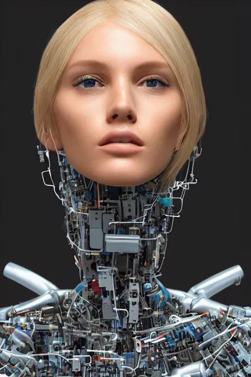 Image similar to robot with human face, female head, full body angle, woman human face, human face realistic, beautiful blonde hair, human head, human head with blonde hair, blonde hair human head, blonde hair, human realistic face, human head skin, cyborg frame concept, cyborg by ales-kotnik, sci-fi android female, the body is made of wires, robotic body, cyborg body, cyborg bust body, robot body cyborg, full body