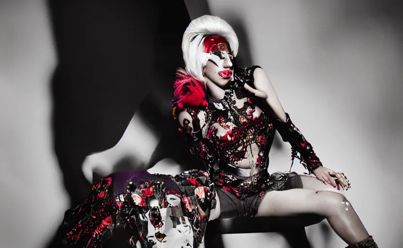 Image similar to IMG_975.raw, lady gaga ,beautiful composition, alexander mcqueen, colourful , 50mm f1.8, ambient light,