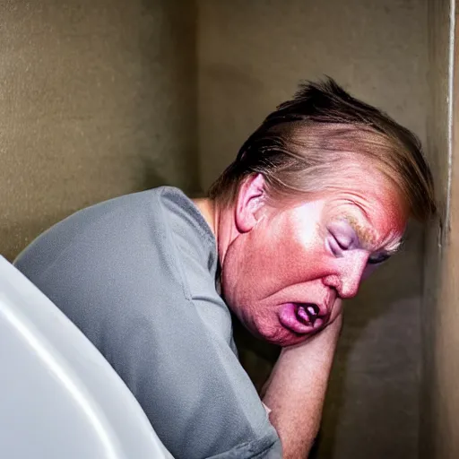 Image similar to a disheveled Donald Trump crying profusely in prison clothing sitting on a toilet in prison. wide angle. The floor is covered in garbage. candid photograph.