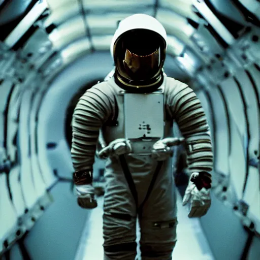 Image similar to a heavily armored astronaut, in spaceship corridor, film still