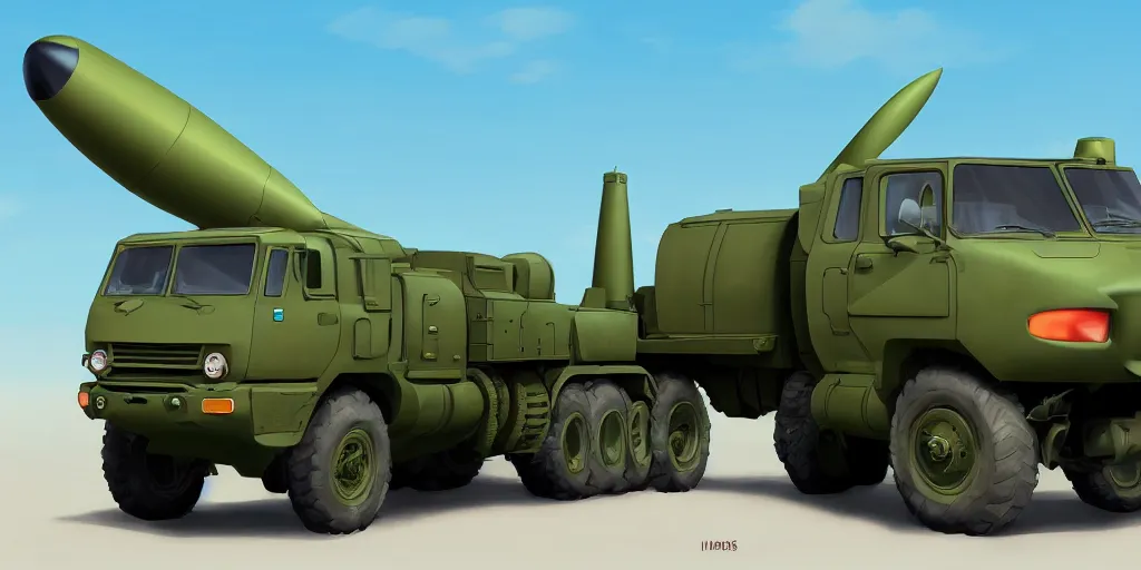 Image similar to HIMARS with missile, eyes and smile, Cars Pixar movie style, detailed, green, digital art