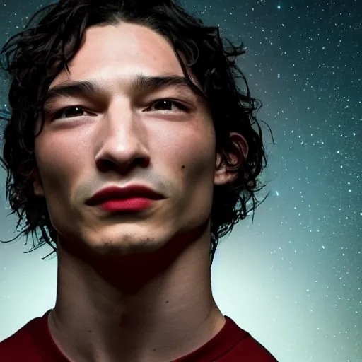 Image similar to terrifying ezra miller as flash forest scenery, full moon, illuminated lighting, highly detailed, 4 k