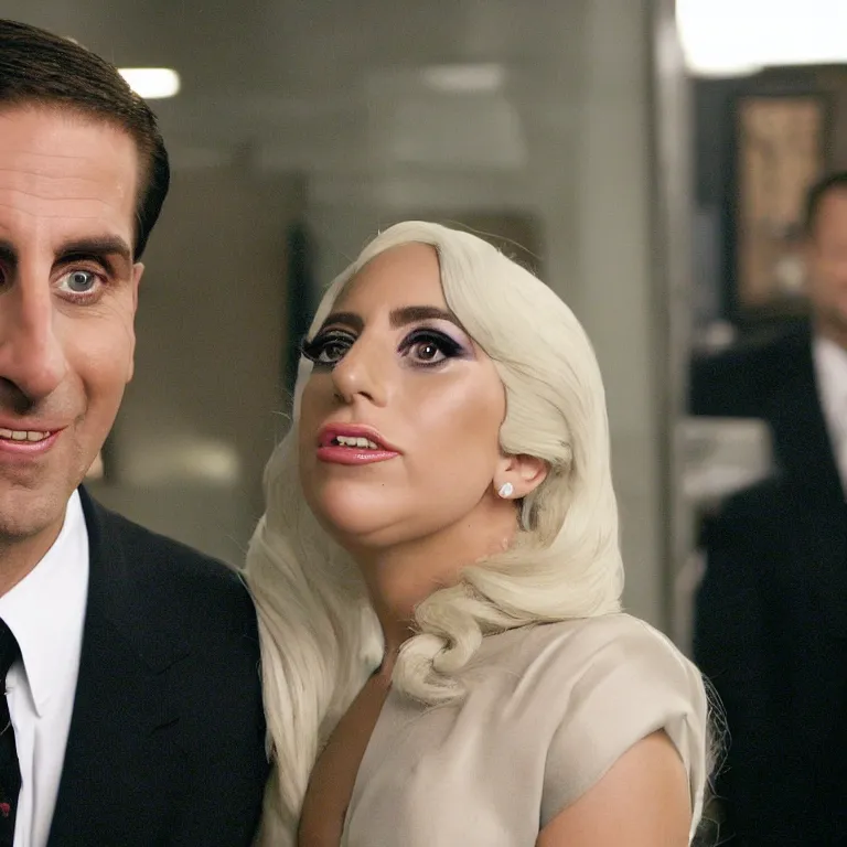 Image similar to confused lady gaga looking at the camera while michael scott smiles behind her, from the office ( 2 0 0 5 ), detailed background, uhd, low light, cinematic, realistic, clear face, clear eyes.