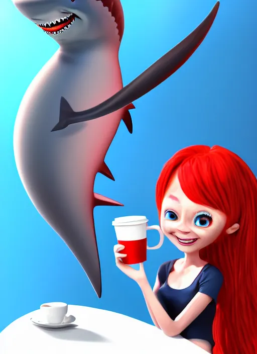 Image similar to female anthropomorphic blue shark with red hair holding a cup of coffee, cinematic lighting, hyper detailed, digital art, furry art style