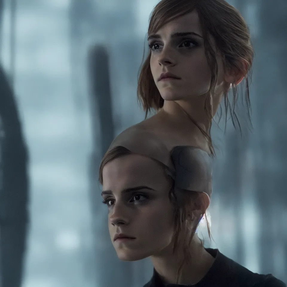 Prompt: Peaceful Emma Watson wearing cyborg prosthetics in the style of Blade Runner 2049 (2017). Clear Hands. Clear body. Black Clothes. Rivendel Background. Cinematic. Professional Photo. UHD. 8k. Clear Face.