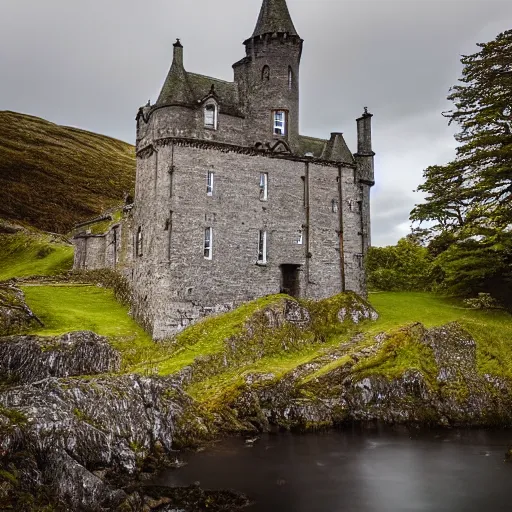 Prompt: haunted castle in the scottish highlands, highly detailed photography, sharp, crisp, ominous, spooky, macabre