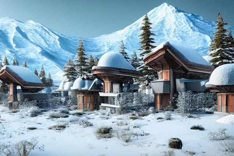 Prompt: futuristic cottage settlement with lots of trees on the foot of the Elbrus mountain mountain covered by snow, architecture, matte painting, high details