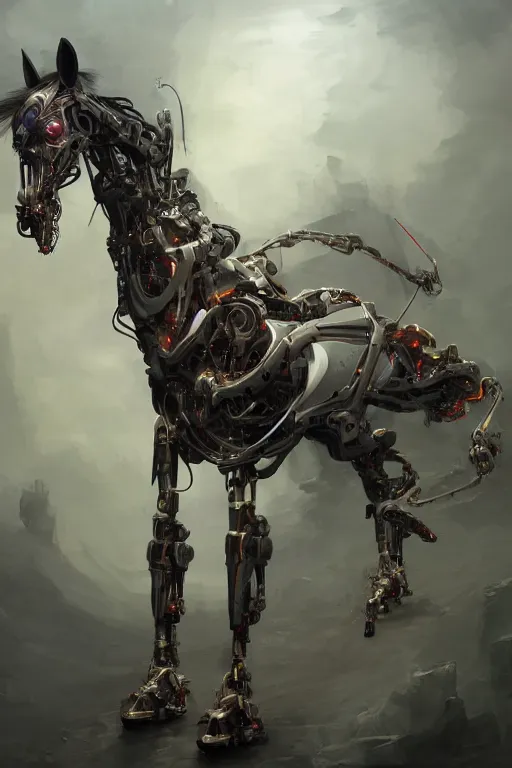 Image similar to 3 quarter view photography portrait of a biomechanical stalion horse illustrated by greg rutkowski and Akira Saito and Peter mohrbacher, boston dynamics, 4k,