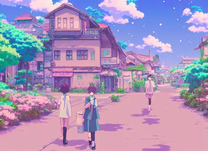 Prompt: 8k digital illustration depicting a quaint anime village in lofi Vaporwave aesthetic with serene pastel color scheme, inspired by studio ghibli, Artstation, CGsociety, zbrushcentral
