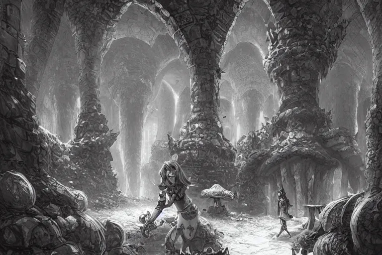 Prompt: black and white one point perspective dungeon cozy fantasy dungeon The mushroom adventurer Fira and their plain conference of trolls are hiding in the ancient stable. artgerm and Craig Mullins, James Jean, Andrey Ryabovichev, Mark Simonetti and Peter Morbacher 16k