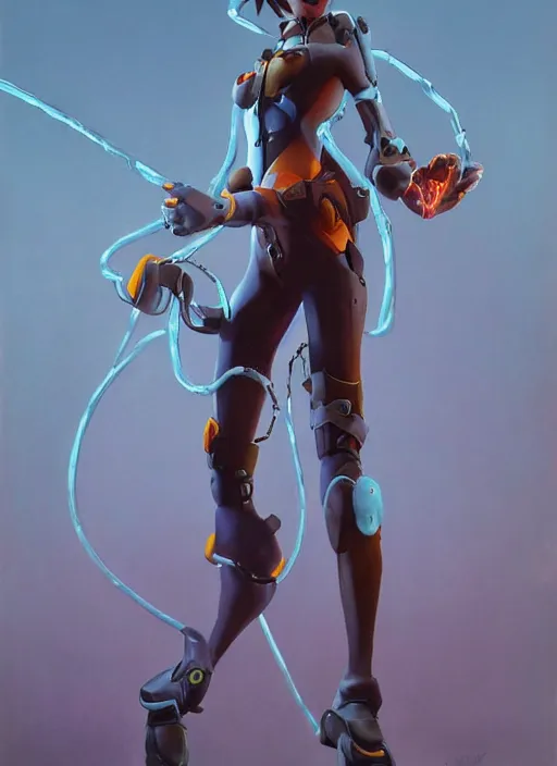 Image similar to full figure, painting of tracer from overwatch, in style of zdzisław beksinski, horror, 4 k, feminine facial features, full armor, full armor, detailed face, tall, dark ropes and chains in background