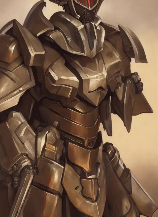 Image similar to medium-length portrait of a male paladin with short curly hair and a dark beard, dark brown skin, happy expression, wears a suit of power armor, gundam, medieval setting, highly detailed, digital painting, artstation, concept art, sharp focus, illustration, art by greg rutkowski and alphonse mucha