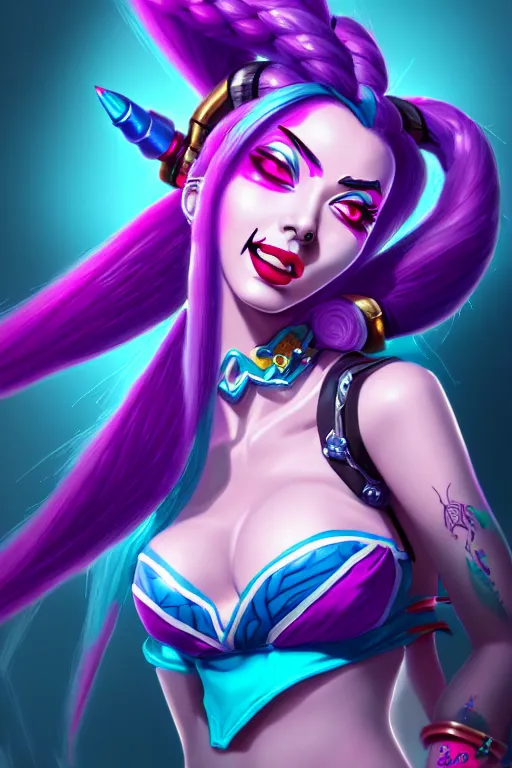 Image similar to a ultradetailed beautiful painting of jinx from league of legends, trending on artstation