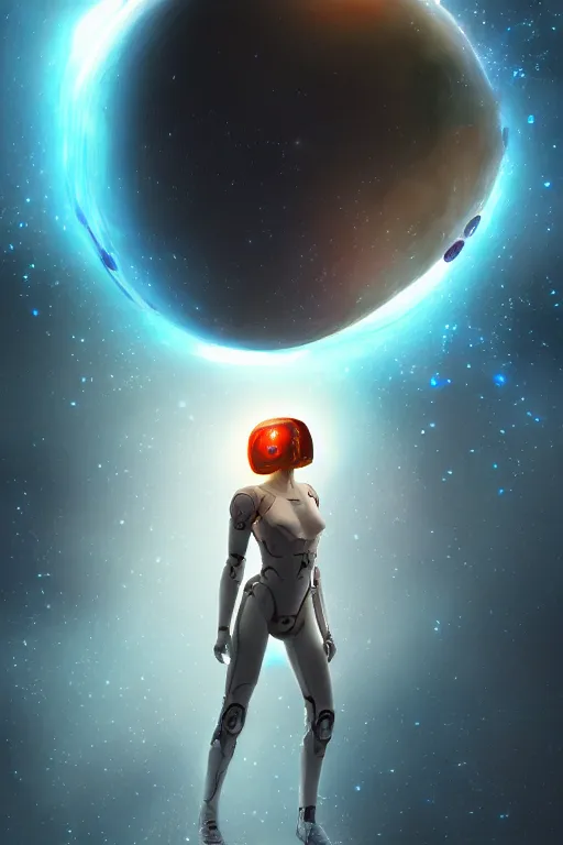 Prompt: woman cyborg floating in space letting go of reality and experiencing the quantum feild, matte painting comic book art, cinematic, highly detailed, realistic, beautiful cosmic neural network, octane render, unreal engine, depth of field, trending on artstation, sharp focus, philosophical splashes of colors