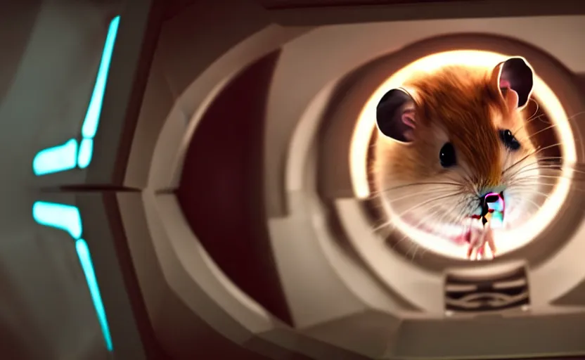 Prompt: hamster, inside a spaceship, movie still, star wars, cinematic, sharp focus, cinematic lighting, 8 k