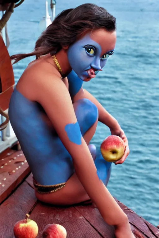 Image similar to close up of a blue skinned triton girl from dnd eating an apple and sitting on the deck of a ship, cosplay, high resolution film still, hdr color