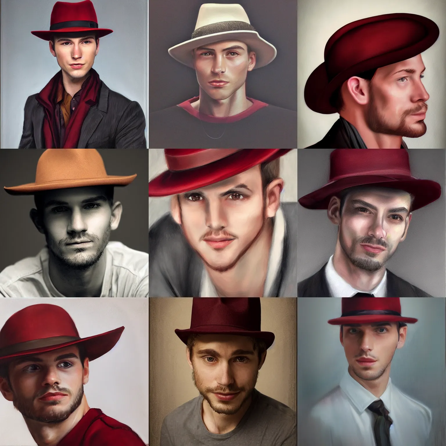 Prompt: hyperrealistic portrait young man ethan hawk dark red fedora hat smirk