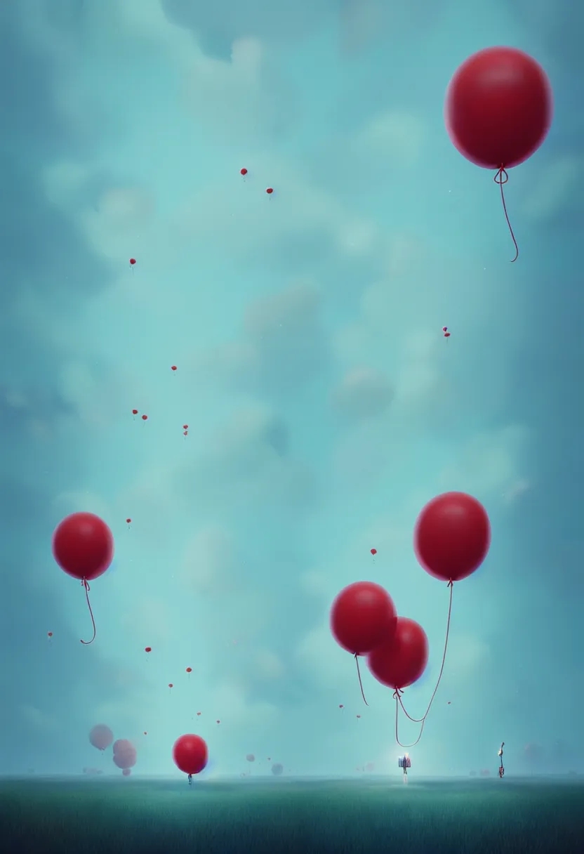 Prompt: flying flock of red balloons flying up, in a light blue color palette of cosmic spring, flowing, intricate, beautiful render, award winning photography, by simon stalenhag and wlop and artgerm, beautiful illustration