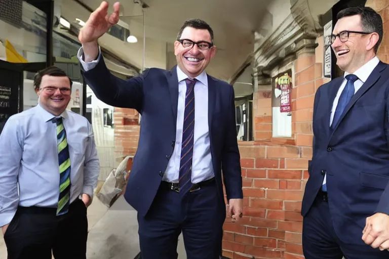 Image similar to Premier Daniel Andrews smiles as Melbourne city burns to the ground