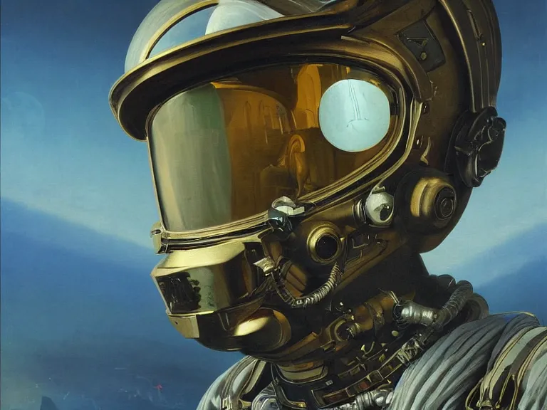 Prompt: a detailed profile oil painting of pilot in a spacesuit with reflective visor, flight suit, portrait symmetrical and science fiction dieselpunk theme with aurora lighting by beksinski carl spitzweg and tuomas korpi. baroque elements, full-length view. baroque element. intricate artwork by caravaggio. Trending on artstation. 8k