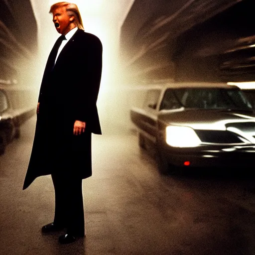 Prompt: photo of Donald Trump as Neo in the movie Matrix, cinestill, 800t, 35mm, full-HD