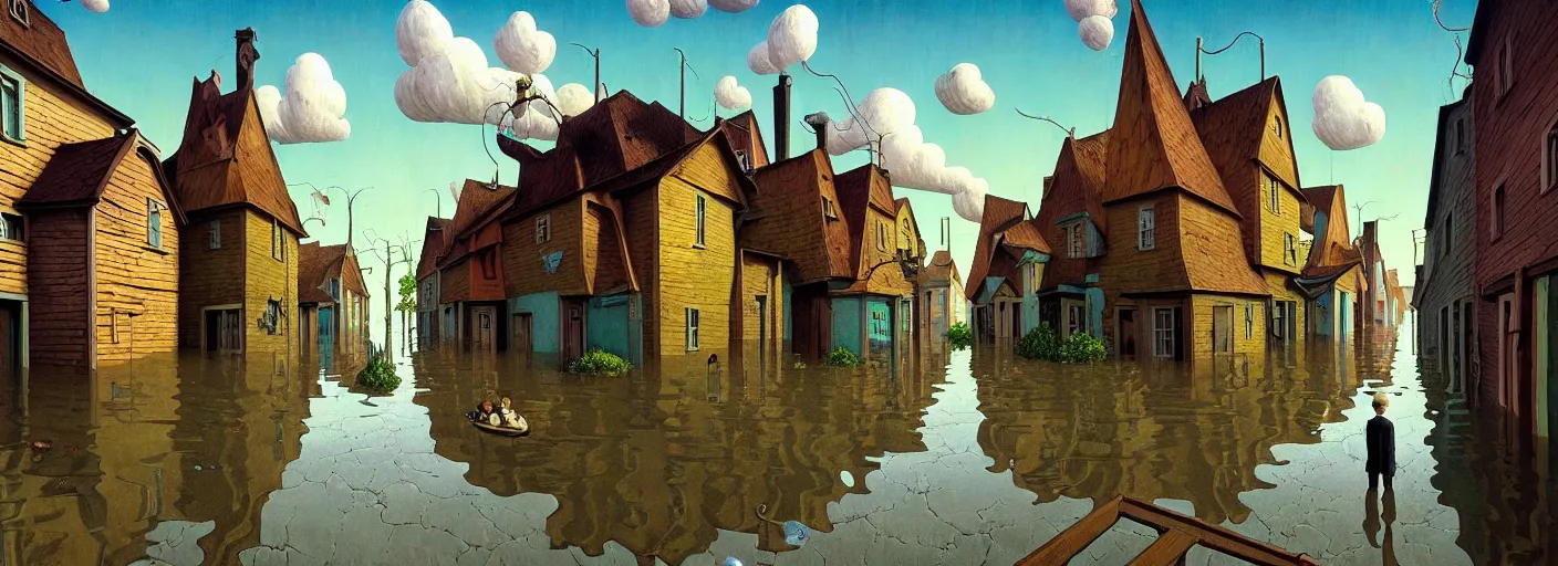 Image similar to flooded! old wooden empty cursed city street, very coherent and colorful high contrast masterpiece by gediminas pranckevicius franz sedlacek rene magritte norman rockwell, full - length view, dark shadows, sunny day, hard lighting, reference sheet white background