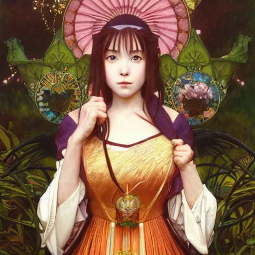 Prompt: Masterpiece portrait of a very young Sakura Kinomoto from Card Captor Sakura drawn by Donato Giancola and Tom Bagshaw, face by Artgerm and Edmund Leighton, Alphonse Mucha, background by James Jean and Gustav Klimt, 4k, french nouveau, trending on pixiv, octane render, hyperrealistic