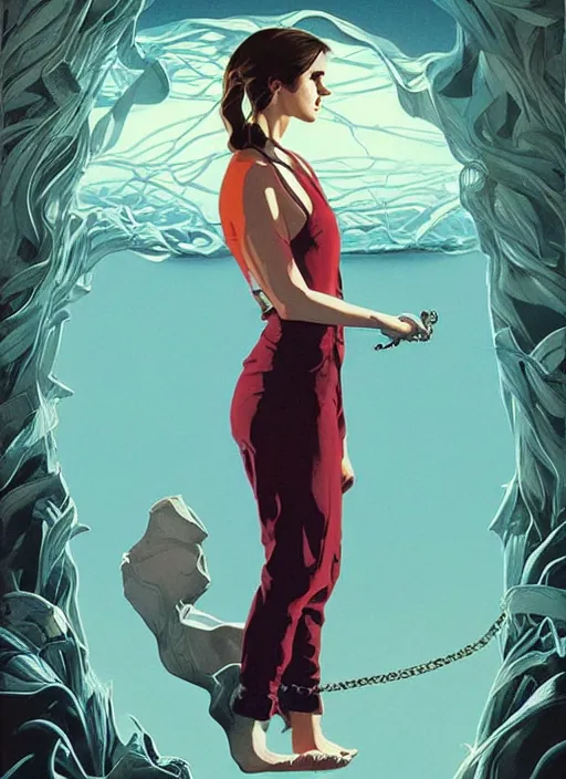 Image similar to poster artwork by Michael Whelan and Tomer Hanuka, Karol Bak of religious Emma Watson wearing cross necklace, on knees swinging all her might into the ground, from scene from Twin Peaks, clean