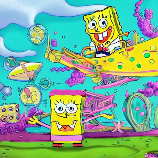 Image similar to spongebob squarepants in an beautiful world with weed clouds, digital art, amazing detail, by Lulu Chen