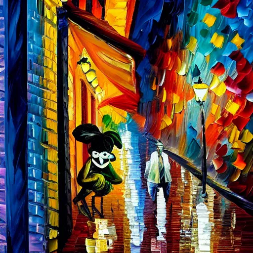 Image similar to impasto acrylic painting of a muppet in a serene paris streetscape at night. inspired by leonid afremov, artstation, art - deco, cinematic lighting