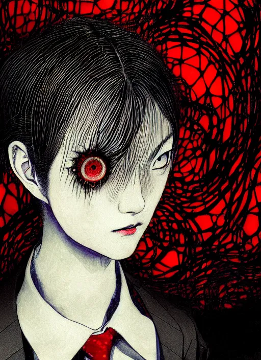 Image similar to yoshitaka amano blurred and dreamy realistic three quarter angle horror portrait of a sinister young woman with short hair, horns and red eyes wearing office suit with tie, junji ito abstract patterns in the background, satoshi kon anime, noisy film grain effect, highly detailed, renaissance oil painting, weird portrait angle, blurred lost edges