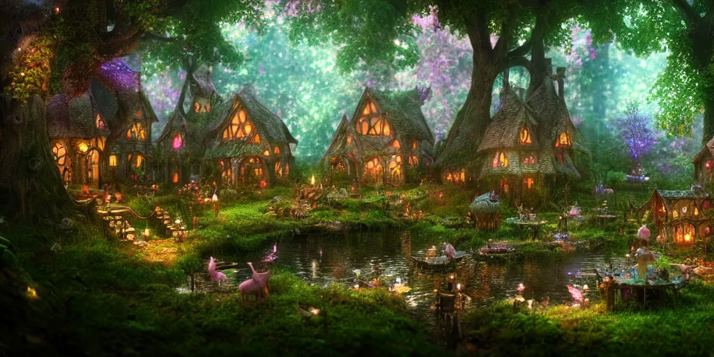 Image similar to inside an ethereal magical fairy village, highly detailed, 8 k, hdr, award - winning, octane render, artstation