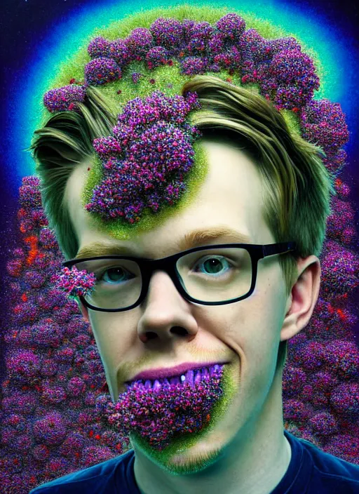 Prompt: hyper detailed 3d render like a Oil painting - friendly portrait of youtuber Hank Green in Aurora (Singer) seen Eating of the Strangling network of yellowcake aerochrome and milky Fruit and Her delicate Hands hold of gossamer polyp blossoms bring iridescent fungal flowers whose spores black the foolish stars by Jacek Yerka, Mariusz Lewandowski, Houdini algorithmic generative render, Abstract brush strokes, Masterpiece, Edward Hopper and James Gilleard, Zdzislaw Beksinski, Wolfgang Lettl, hints of Yayoi Kasuma, octane render, 8k