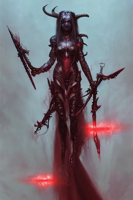 Image similar to Portrait of beautiful pale warhammer 40000 goth succubus maiden, dark fantasy, red light, digital illustration, intricate, highly detailed, smooth, artstation, painted by Wayne Barlowe and Greg Rutkowski and zdislav beksinski and Ruan Jia and Mandy Jurgens and Artgerm and william-adolphe bouguereau