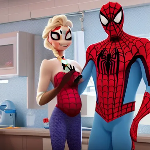 Image similar to spiderman and pregnant pregnant elsa talking in the kitchen, into the spiderverse cinematic render, 2 0 1 8 sony animation official media, clear details, award winning