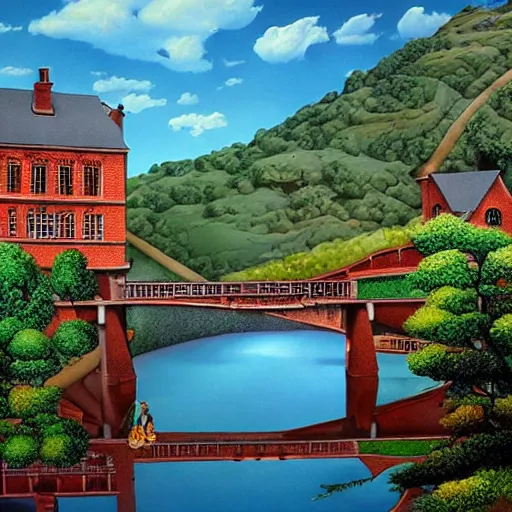 Prompt: a marvel of engineering, full color, realistic, escher, environmental, architectural, bridge, stonework, bright