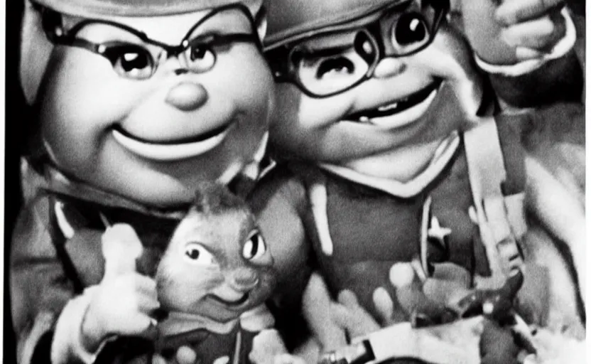 Prompt: Alvin in the chipmunks during World War II, grainy black and white photo