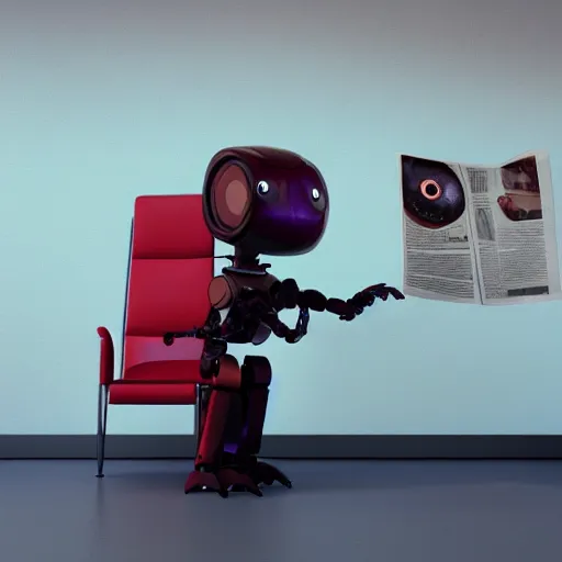 Prompt: futuristic studious matte brown and red and chrome full-body humanoid robot with two huge round expressive sad purple glowing LED eyes and open rectangular mouth sitting on a large comfortable cushioned 1950s vintage recliner reading a newspaper. open newspaper. Cinematic Movie Photograph, Arri Alexa, Extremely Detailed, smooth, very very clean, 8K, octane render, maya render, unreal engine, trending on artstation, DSLR, excellent composition, center frame